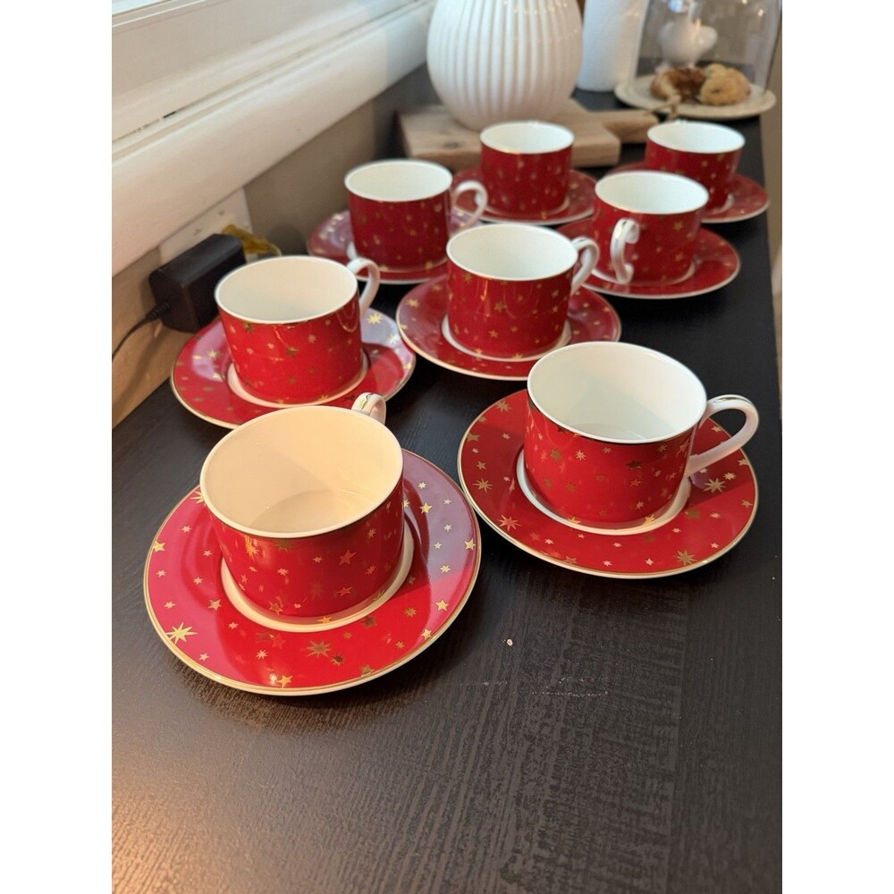 Sakura Galaxy Red Fine Porcelain Tea Cup Saucer Set 14k Gold Star Christmas 8 Pc